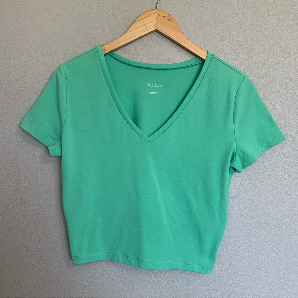 Wild Fable Large Mint Green Cropped Baby Tee V-Neck T-Shirt Short Sleeve